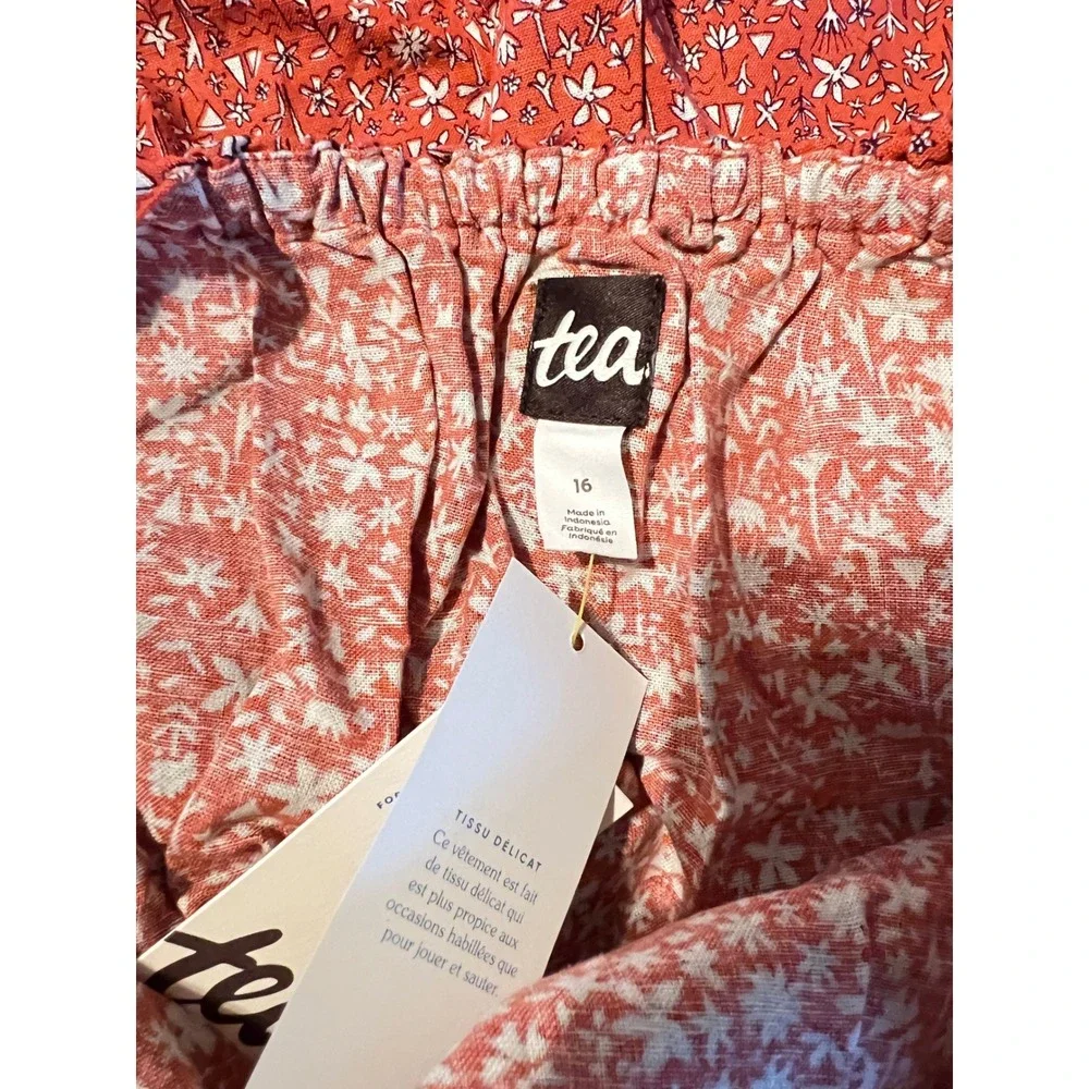 NEW Tea Collection Girls 16 Red Floral Tie‎ Shoulder Ruffle Romper Linen/Cotton